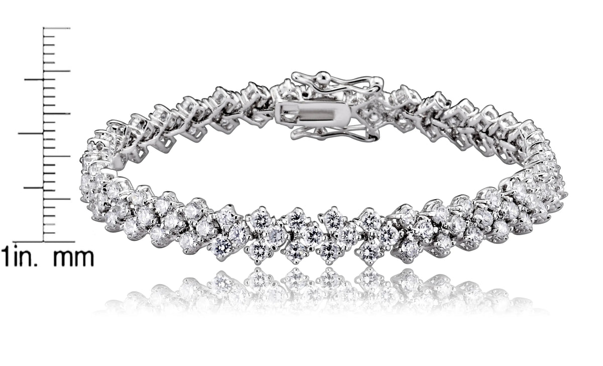 Collette Z Sterling Silver with Rhodium Plated Clear Round Cubic Zirconia Three Row Tennis Bracelet