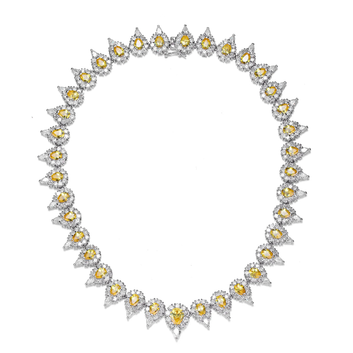 Collette Z Sterling Silver with Rhodium Plated Yellow Pear with Clear Round and Pear Cubic Zirconia Halo Tennis Necklace