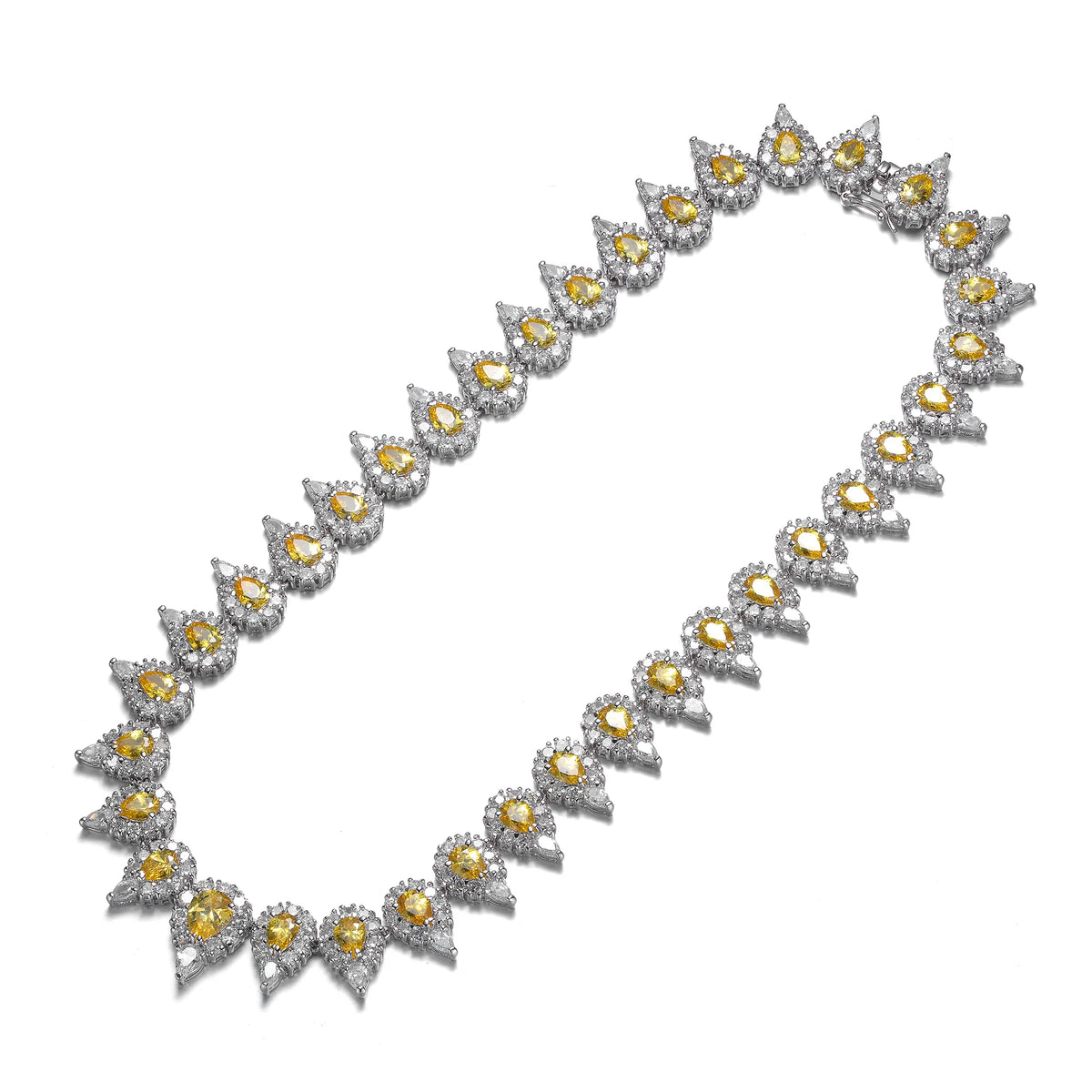 Collette Z Sterling Silver with Rhodium Plated Yellow Pear with Clear Round and Pear Cubic Zirconia Halo Tennis Necklace
