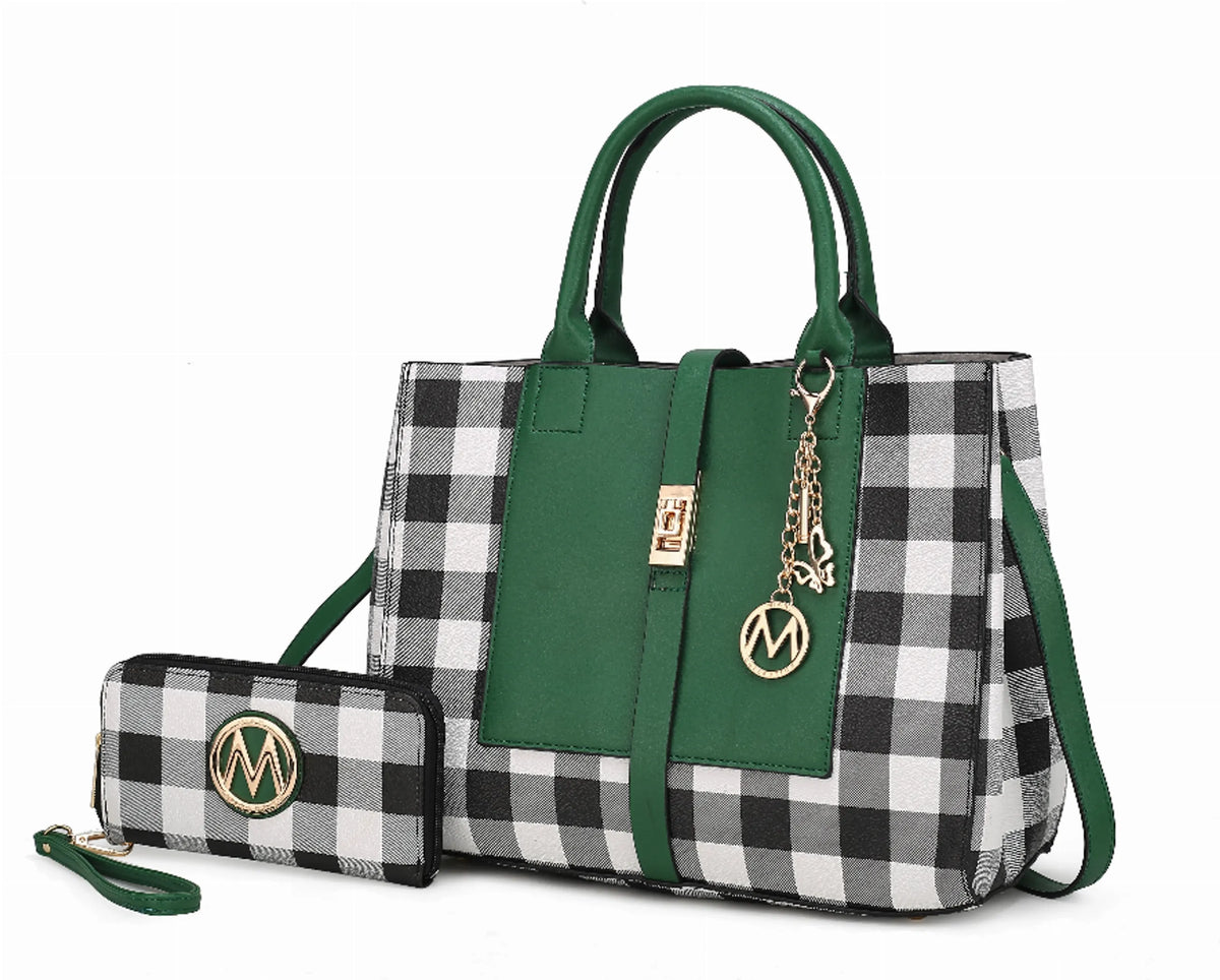 Yuliana Checkered Satchel Bag with Wallet