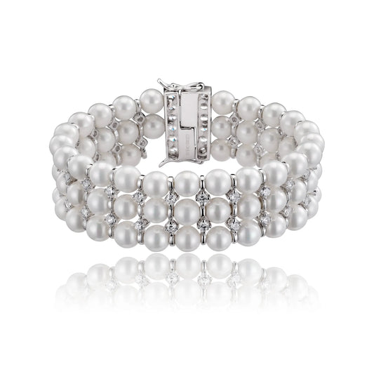 Collette Z Sterling Silver Cubic Zirconia 3 Row Pearl Bracelet