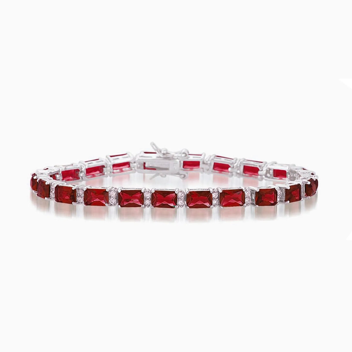 Collette Z Sterling Silver Red and White Cubic Zirconia Emerald-cut Tennis Style Bracelet