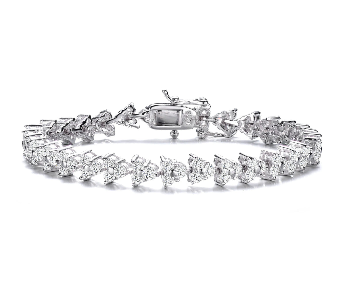 Collette Z Sterling Silver with Rhodium Plated Clear Round Cubic Zirconia 3-Stone Triangular Link Bracelet