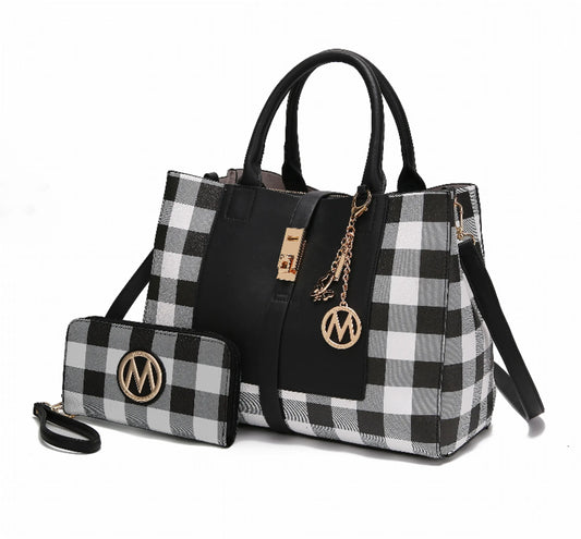 Yuliana Checkered Satchel Bag with Wallet