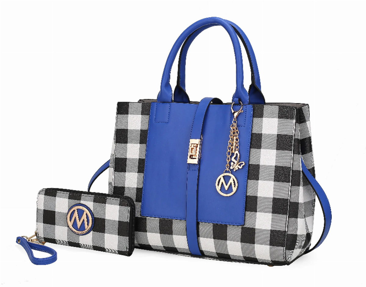 Yuliana Checkered Satchel Bag with Wallet