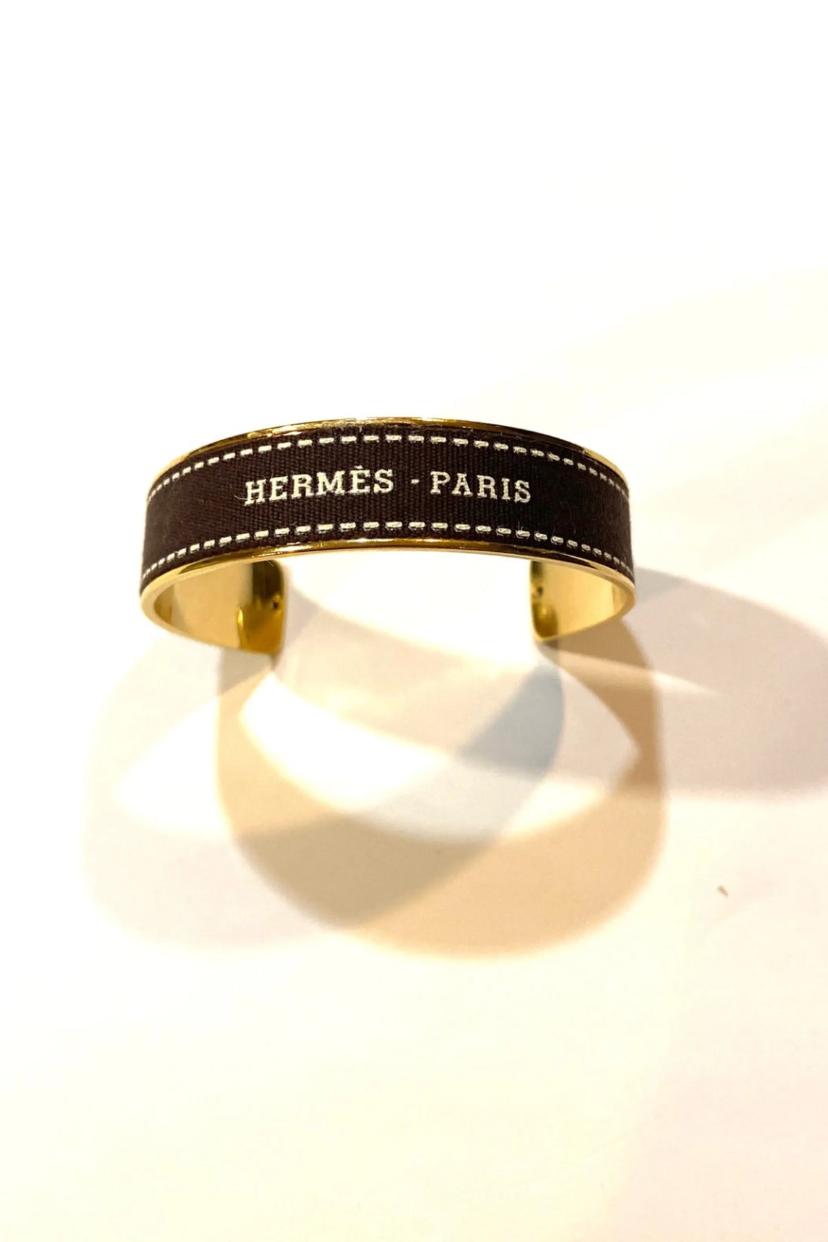 Hermes Brown Ribbon Upcycled 18K Gold Plated Cuff Bracelet