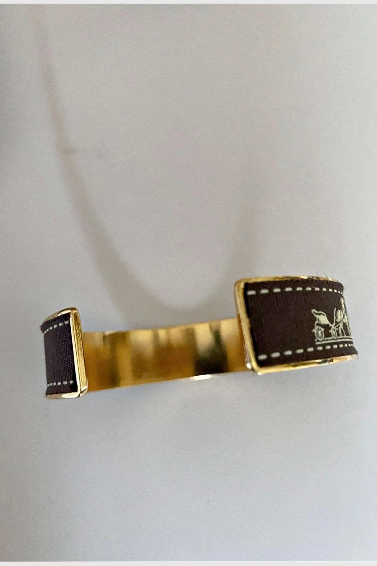 Hermes Brown Ribbon Upcycled 18K Gold Plated Cuff Bracelet
